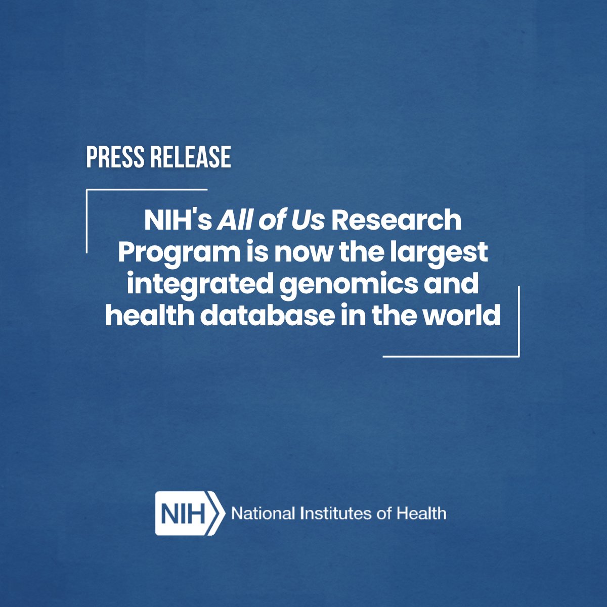 NIH's tweet photo. NEWS: NIH's All of Us Research Program is now the largest integrated genomics and health database in the world.

Read the full story ➡️ https://t.co/A5YdkcdZgc https://t.co/RfOkkEarcm