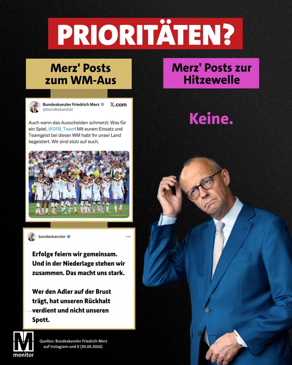 LMars54779's tweet photo. Merz, der offensichtlich keinen Adler auf der Brust trägt, schweigt weiterhin zur Hitzewelle.
Immerhin hat er seinen ersten #Teamgeist-Post nicht gelöscht.
👽🙄 https://t.co/ur0rnMFmsI