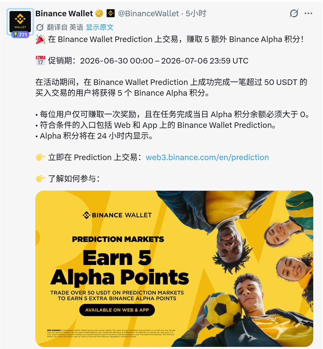 Mulight's tweet photo. 真的，都数不清 Predict 现在到底给了多少福利了
从之前的几百万Predict Points奖励池，到 2M的Predict Cup 大赛，再到这次和Binance Wallet的深度联动。

这已经不仅仅是一个普通合作项目，这是币安钱包官方重点支持的预测市场板块！官方持续砸资源、给流量、给积分，就是把Predict当成自家生态里的核心玩法在推。

之前单号几百U的Alpha大毛re很多人就差几分可以领取，这次机会直接给到了！

只要在币安钱包Prediction上完成一笔 >50U 的买单，就能纯白送 5 个alpha积分！一边赚Predict积分，一边再赚 Alpha 积分，已经不知道一鱼多少吃了，白嫖党狂喜！

Predict现在和币安深度绑定，后面大概率还会有更多资源倾斜，兄弟们别错过！

操作路口：
币安钱包首页点击Alpha进入
选择「在预测市场交易，赚取5Alpha积分!」

推荐买世界杯的预测，流动性好
然后直接用市价买超过50U，再市价卖出，或者挂限价单，免手续费！

@predictdotfun @BinanceWallet

活动到 7 月6 日结束，一人仅限一次，需要有 Alpha 积分余额