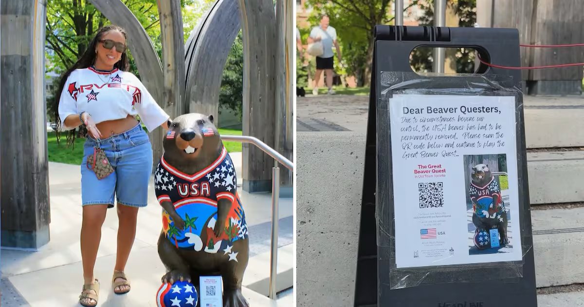 morningbuzztv's tweet photo. World Cup beaver sculpture representing U.S. destroyed in Toronto. An art installation created for Toronto’s World Cup themed Great Beaver Quest has been removed after vandals destroyed the beaver sculpture representing the United States. https://t.co/Yxzf5MYNG9