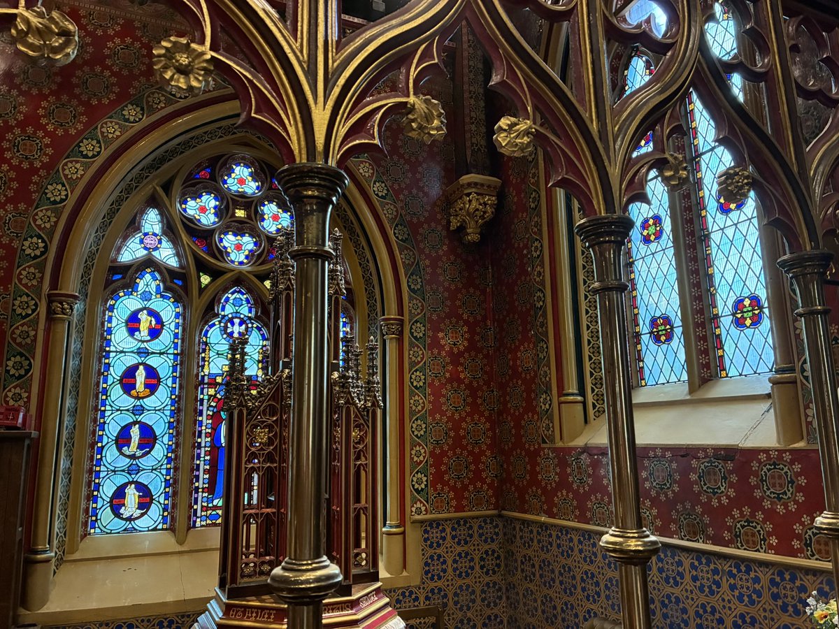ross_baglin's tweet photo. I finally visited the luminous interior of St Giles church, Cheadle, yesterday.  The church was built and decorated by Augustus Pugin, who designed the interiors for the Houses of Parliament but made this his masterpiece, to remind England of its churches before the puritans got to them.  No pictures quite capture its colour-saturated intensity. 

Cheadle, incredibly, makes nothing of this : no signposts, no parking nearby, no easy route from the main carpark in the town.  We were the only ones there, barring an elderly lady sweeping the church.  Incredibly strange.