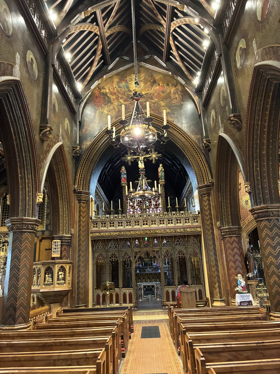 ross_baglin's tweet photo. I finally visited the luminous interior of St Giles church, Cheadle, yesterday.  The church was built and decorated by Augustus Pugin, who designed the interiors for the Houses of Parliament but made this his masterpiece, to remind England of its churches before the puritans got to them.  No pictures quite capture its colour-saturated intensity. 

Cheadle, incredibly, makes nothing of this : no signposts, no parking nearby, no easy route from the main carpark in the town.  We were the only ones there, barring an elderly lady sweeping the church.  Incredibly strange.