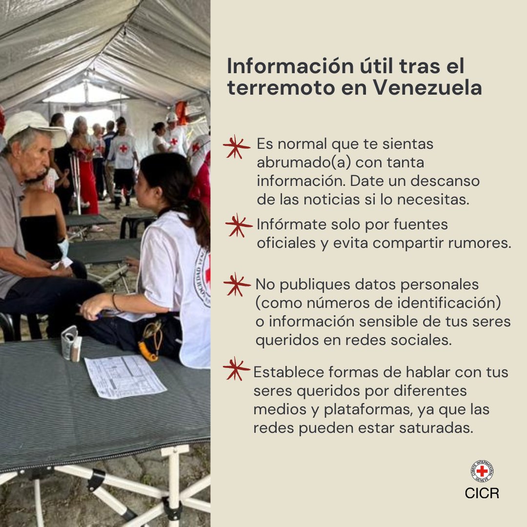CICR_ve's tweet photo. Ante la situación de emergencia tras los terremotos, la gestión responsable de la información es clave para la seguridad de todos. La prudencia y la prevención son fundamentales en este momento.

Acá te dejamos estas recomendaciones esenciales: https://t.co/eIXLkkh0Sa