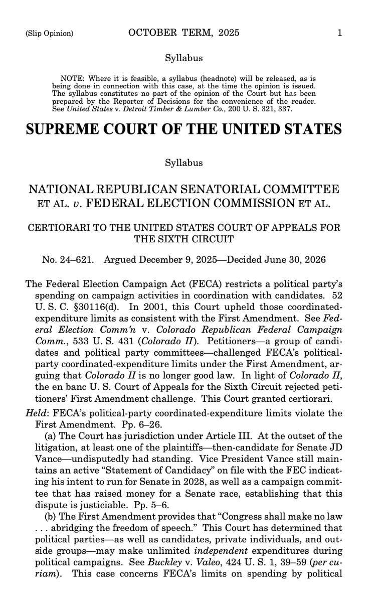 BreannaMorello's tweet photo. 🚨SCOTUS OPINION🚨

The U.S. Supreme Court ruled (6-3) that federal limits on how much political parties can spend in coordination with their own candidates are unconstitutional. 

These limits violate the First Amendment's free speech protections.

The Court overruled the 2001 decision.