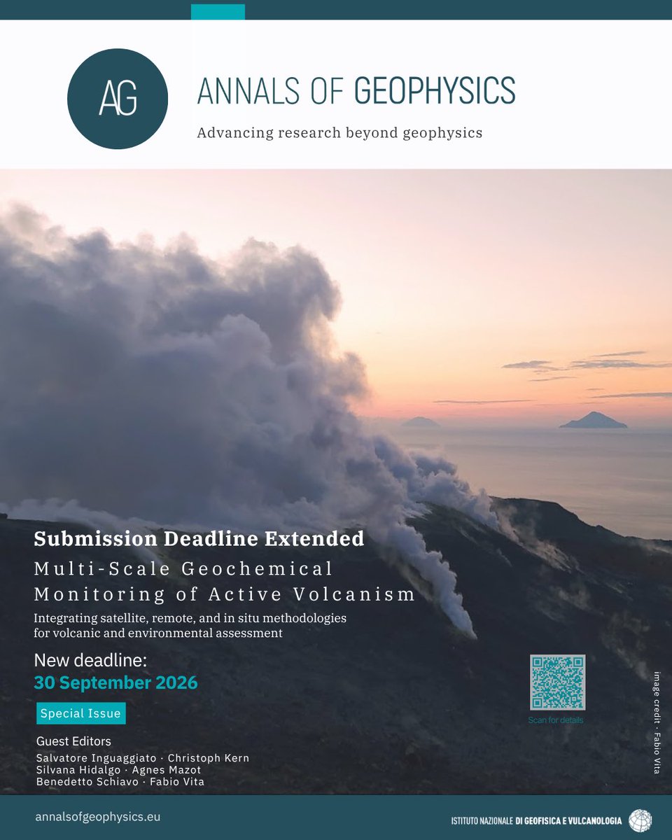 AGeophysics's tweet photo. #OpenAccessArticle | #AnnalsOfGeophysics Submission #Deadline Extended The deadline for submitting manuscripts to the Special Issue “Multi-Scale Geochemical Monitoring of Active Volcanism" has been extended to 30 #September #2026.

 Read more:
 🔗 https://t.co/yZxdjAKi0c https://t.co/iYFApy8Qca
