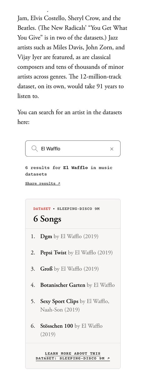 elwafflo's tweet photo. Der geschätzte Kollege @_alexreisner von @TheAtlantic berichtet derweil dass mehrere meiner Songs genutzt werden um KI Musik zu generieren https://t.co/EzoFOqQNna https://t.co/oAjfzwrmQ6