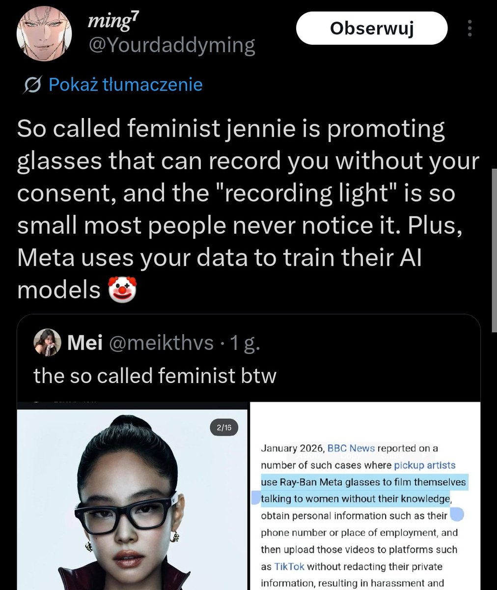 musicnewsfactpl's tweet photo. Kylie Jenner i Jennie znalazły się w ogniu krytyki po tym, jak zostały ambasadorkami inteligentnych okularów od firmy Meta.

Internauci są oburzeni, ponieważ mężczyźni używają tego gadżetu do potajemnego filmowania kobiet w intymnych sytuacjach. https://t.co/ppVu436WKG
