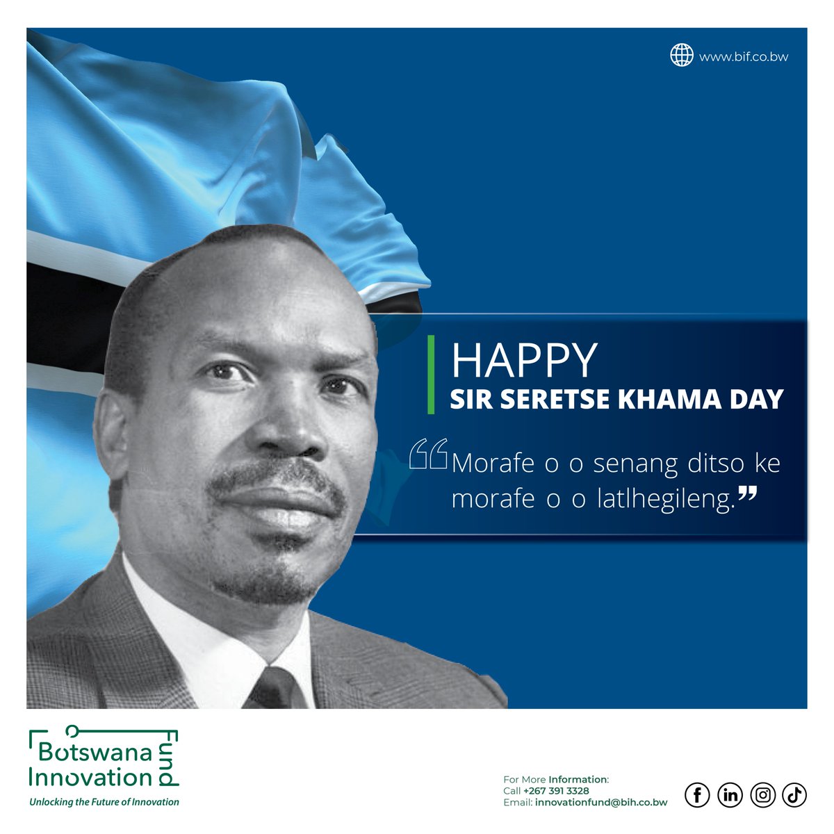 BWInnoFund's tweet photo. As we commemorate Sir Seretse Khama Day, we celebrate the vision, courage, and statesmanship of Botswana’s founding President. His unwavering commitment to nation-building and inclusive development remains a guiding light for our country.

Let us honor his legacy by continuing to serve with purpose, integrity, and dedication to the people of Botswana.

#SirSeretseKhamaDay #LegacyOfLeadership #Botswana #BW #BIF