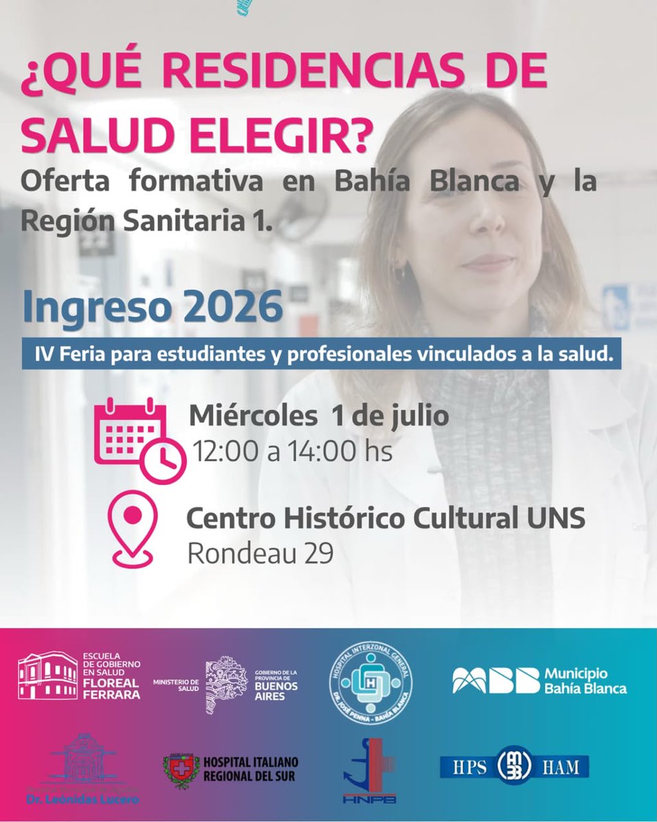 Asocmedicabb's tweet photo. ¿QUÉ RESIDENCIA DE SALUD ELEGIR? 🧑🏻‍⚕️

En la cuarta edición de la Muestra de Residencias podrás encontrar a distintas instituciones del sistema de salud con su oferta formativa en Bahía Blanca y la región.

🗓️ Miércoles 1 de julio
🕛 De 12 a 14
📍 Rondeau 29, Bahía Blanca https://t.co/dIh1EoKgwh