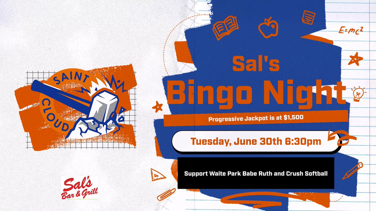 stcloudsoftball's tweet photo. Join us for Sal's Bingo Night tonight, Tuesday, June 30th at 6:30pm! Selling starts at 6:00pm. Support Waite Park Babe Ruth and Crush Softball. Progressive Jackpot is at $1,500! 🎉 💰 https://t.co/GvW6x8oA9W