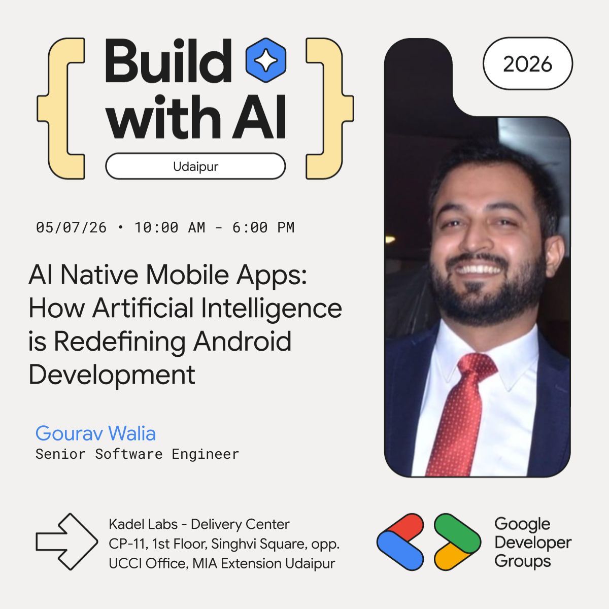 GdgUdaipur's tweet photo. How is AI reshaping mobile? 📱 Join Senior Android Engineer Gourav Walia at Build with AI Udaipur (05/07/26) to explore AI-Native Mobile Apps and the future of Android development.

⏰ 10:00 AM - 6:00 PM
📍 Kadel Labs, Udaipur

🎟️ RSVP: https://t.co/w7i6XjCO8e #AndroidDev https://t.co/iQCRuvl04F