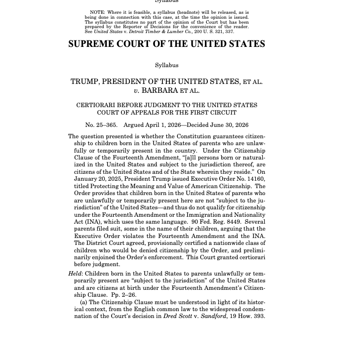 greg_price11's tweet photo. BREAKING: The Supreme Court has ruled that the children of illegal aliens and foreign nationals born in the U.S. count as American citizens.

Roberts and Barrett joined all the liberals.

Disgusting. https://t.co/FStIm0J3R3