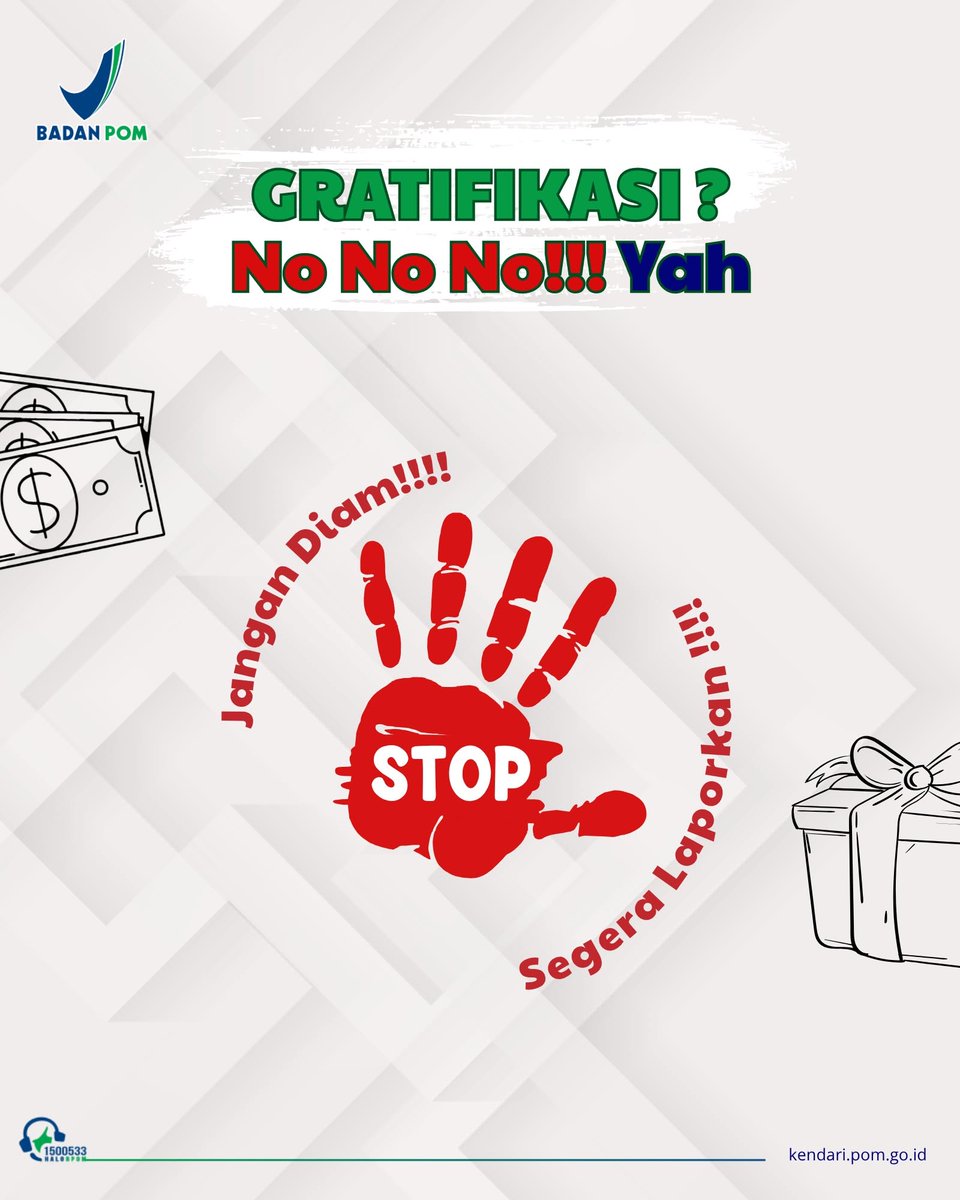 bpomkendari's tweet photo. 📷 Berani Tolak Gratifikasi, Berani Lapor!
Integritas dimulai dari keberanian untuk berkata tidak pada gratifikasi dan ya pada pelaporan.
Sebagai bentuk apresiasi, Balai POM di Kendari menghadirkan MEASI (Medali Anti Gratifikasi) bagi pelapor yang berani menjaga integritas. 📷 https://t.co/v2HW3oHFEP