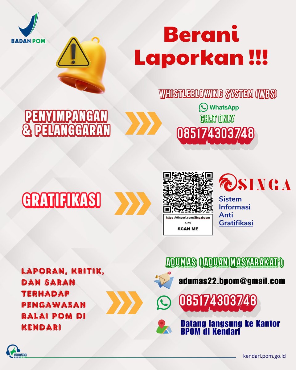 bpomkendari's tweet photo. 📷 Berani Tolak Gratifikasi, Berani Lapor!
Integritas dimulai dari keberanian untuk berkata tidak pada gratifikasi dan ya pada pelaporan.
Sebagai bentuk apresiasi, Balai POM di Kendari menghadirkan MEASI (Medali Anti Gratifikasi) bagi pelapor yang berani menjaga integritas. 📷 https://t.co/v2HW3oHFEP