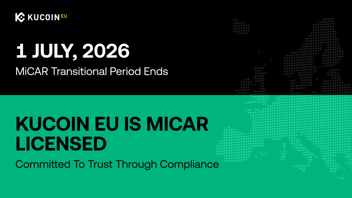 euKuCoin's tweet photo. A new chapter for crypto in Europe. 🇪🇺

As the transitional period comes to an end, MiCAR-authorised KuCoin EU is proud to support the next chapter of regulated digital assets in Europe.

#KuCoinEU #MiCAR #Crypto #Trust https://t.co/lO3KldoTZb