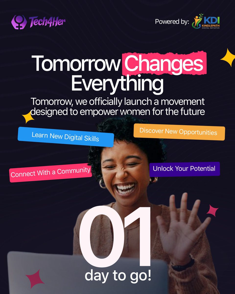Kindlepath's tweet photo. ⏳ TOMORROW CHANGES EVERYTHING.
After 30 days of counting down, we're finally here.
🚀 Tech4Her launches tomorrow.
A movement empowering women with digital skills, opportunities, and future-ready knowledge.
The future is HER.
#Tech4Her #LaunchTomorrow #WomenInTech #DigitalSkills https://t.co/uGvFUyEdFk