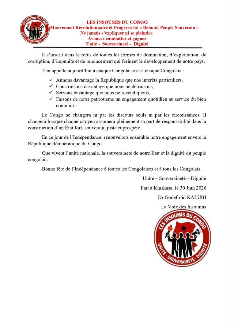 acprdcongo's tweet photo. #RDC : Les Congolais ont été appelés mardi à bâtir une République fondée sur la bonne gouvernance et le respect de la dignité humaine, par le fondateur d’une structure, à l’occasion du 66 ème anniversaire de l’indépendance de la République démocratique du Congo (RDC).

« Notre génération porte une responsabilité historique. Nous avons le devoir de bâtir une République fondée sur la souveraineté nationale, la justice sociale, la science, le travail, la discipline, la bonne gouvernance et le respect de la dignité humaine », a déclaré Godefroid Kalubi, fondateur des Insoumis du Congo, une structure engagée dans la lutte contre la corruption et l’injustice dans le secteur de la santé.

« Le combat que nous menons n’est dirigé contre aucun peuple ni contre aucune nation. Il s’inscrit dans le refus de toutes les formes de domination, d’exploitation, de corruption, d’impunité et de renoncement qui freinent le développement de notre pays », a-t-il ajouté.