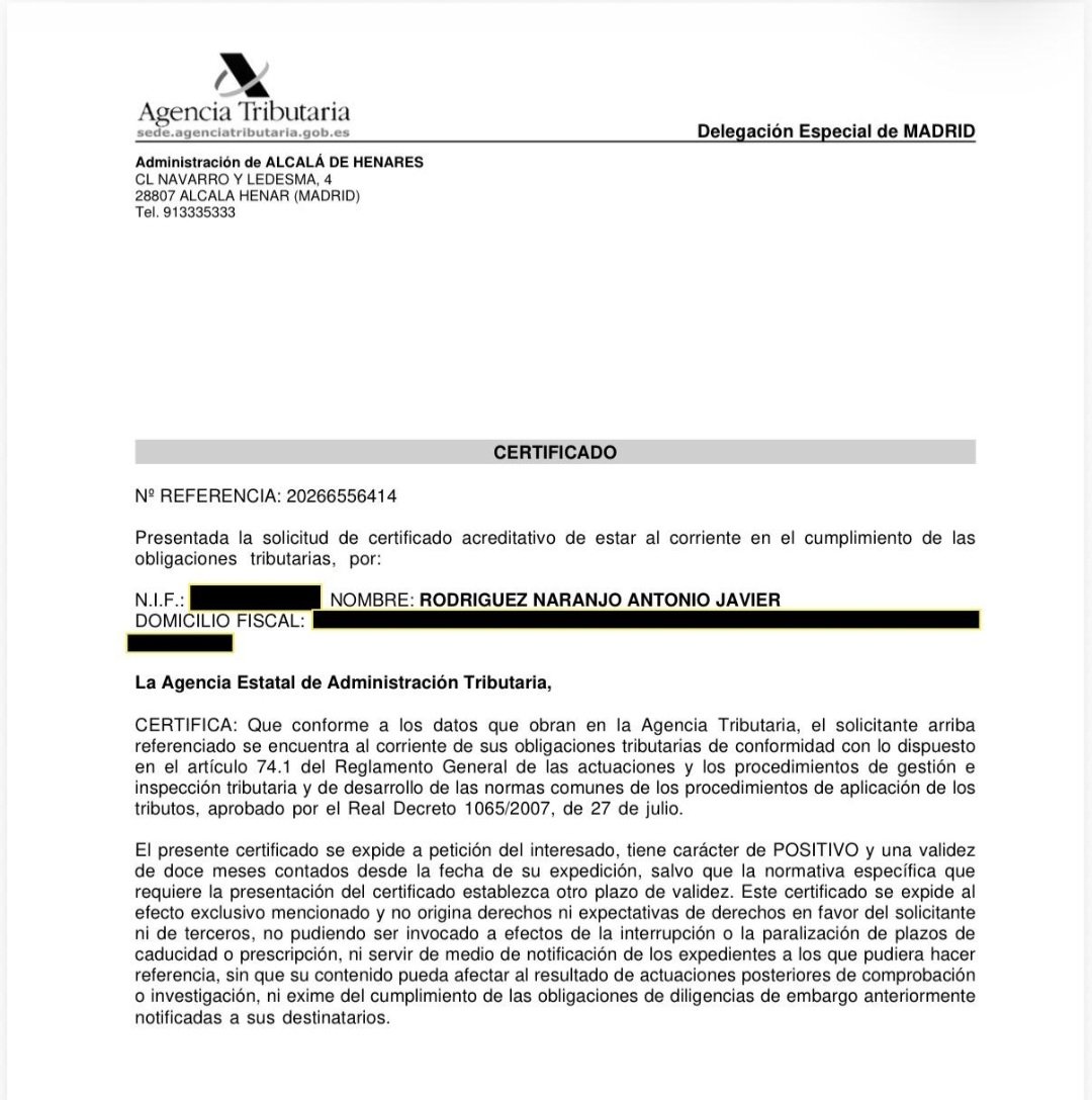 AntonioRNaranjo's tweet photo. @AntonioMaestre Llevas meses llamándome defraudador y otras barbaridades a sabiendas de que intoxicas. Aquí mis certificados con Hacienda y SS hoy: todo al corriente. Por mucho que recules, vas a responder a un juez de tus insidias. Ya está bien de salvar al Gobierno y perseguir a periodistas. https://t.co/8moIRgCtZm
