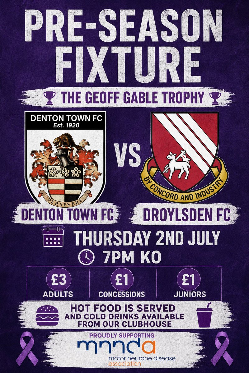 dentontown_fc's tweet photo. ⚪️🟣Denton Town FC 🟣⚪️

Our first pre-season game this Thursday vs newly promoted @Droylsden_FC  ⚽️ https://t.co/xaG0PlRkFl