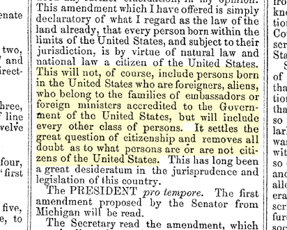 BradCageMusic's tweet photo. @ImBreckWorsham The author of the 14th Amendment was very clear about what Birthright Citizenship meant as is the Senate record defining what Birthright Citizenship meant. https://t.co/ATrs6iUVKR