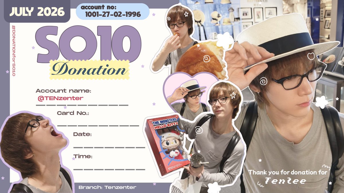 TENzenter's tweet photo. ขอเชิญชวนแฟนๆ ของเตนล์ทุกท่านร่วมออมเงินให้ #เตนล์ ในโปรเจ็กต์ #DONATIONforSO10 ประจำเดือน กรกฎาคม 2569
ผู้โดเนทจะได้รับ Thank You Card เดือน กรกฎาคม เป็นที่ระลึกค่ะ
📌กรุณากรอกแบบฟอร์มและเช็คอีเม���ตอบกลับด้วยนะคะ
ขอบคุณทุกท่านที่สนับสนุนเตนล์ค่ะ🥰
#TEN #텐 #TENLEE https://t.co/KeUn1QiSuK