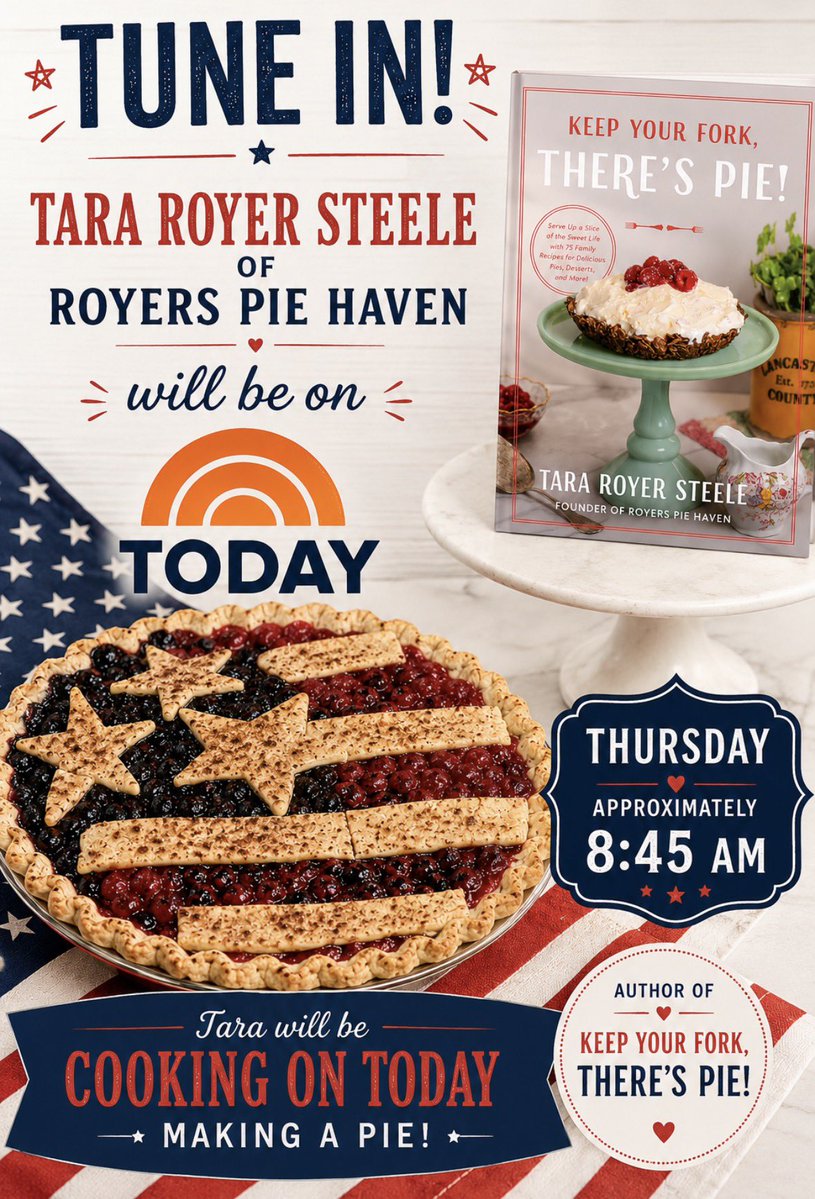 JoniCohen1's tweet photo. Tara Royer Steele of Royers Pie Haven in #roundtop #texas will be on @TODAYshow this Thursday making a pie 🥧 Be sure to tune in @TODAYFood #fourthofjuly #pies #texasfood https://t.co/35bBCkRThI