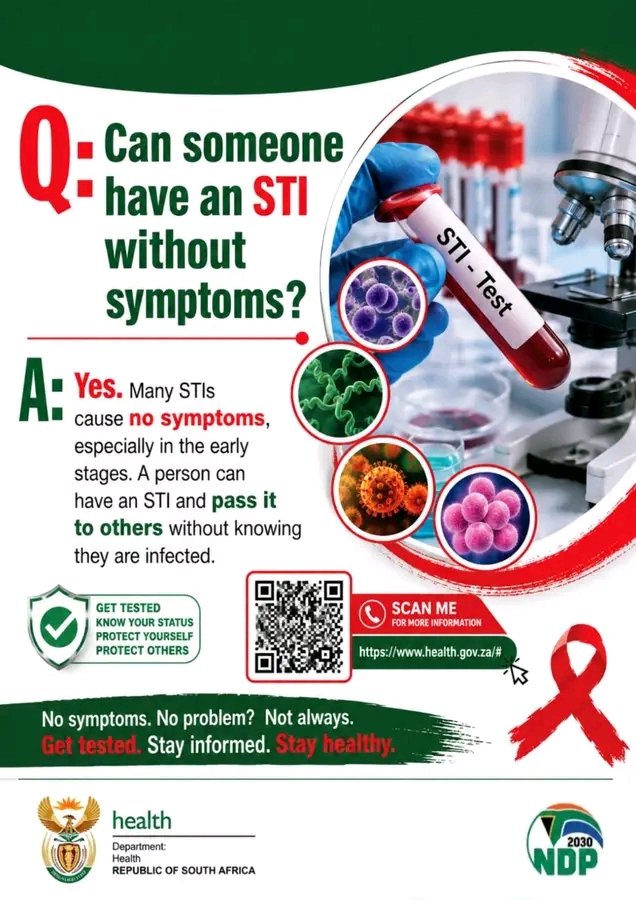 HealthZA's tweet photo. A person can pass #STIs to others without knowing they are infected. Regular testing, correct condom use and timely testing can protect your health and that of your partner. https://t.co/8PPzvbYigh