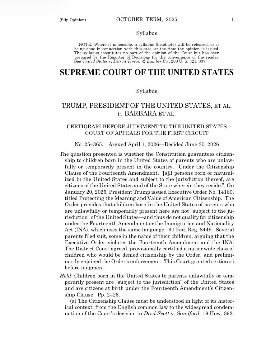 PollTracker2024's tweet photo. Breaking news: US Supreme Court upholds birthright citizenship 

Link to ruling: https://t.co/5Y6yFACvDM https://t.co/8k0vR4Fgfj
