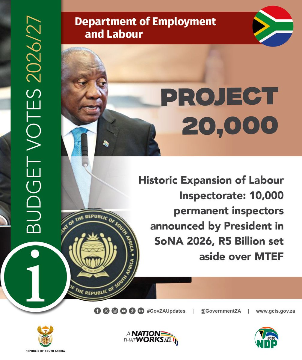 GovernmentZA's tweet photo. #GovZAUpdates  | Project 20, 000

Historic expansion of Labour Inspectorate: 10,000 permanent inspectors announced by President in SoNA 2026, R5 billion set aside over MTEF.

#CapableState https://t.co/t9B5kW8Ea6