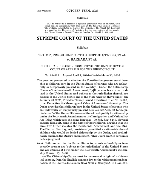DemocracyDocket's tweet photo. BREAKING: The Supreme Court rules 6-3 to strike down Trump’s bid to eliminate birthright citizenship as part of his attack on immigration in all forms.

The ruling affirms unanimous lower court decisions that blocked the effort for violating the 14th Amendment's Citizenship Clause.