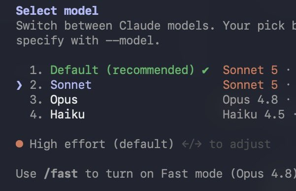 Claude Code model picker showing Default mapped to Sonnet 5 while /fast remains on Opus 4.8