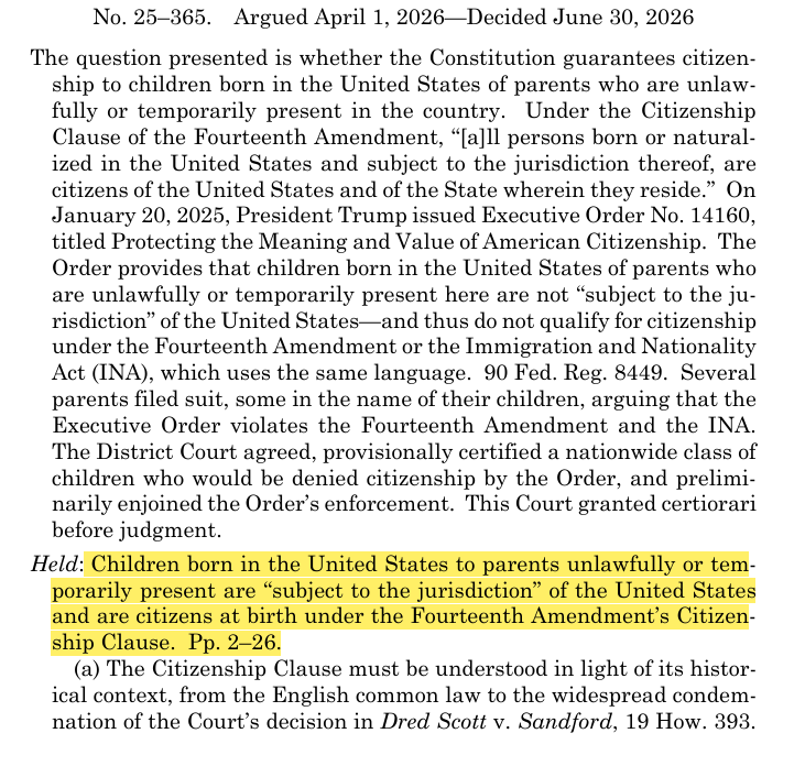 julie_kelly2's tweet photo. And there ya go - as expected.

Roberts and ACB join the liberal wing in deciding children born to illegals are US citizens.

Kavanaugh joined the majority in part. https://t.co/IXIQtgwwRV