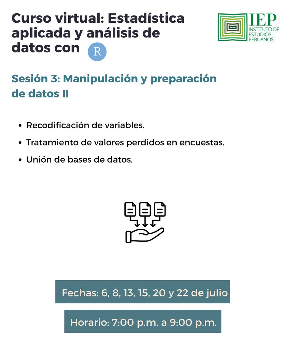 IEPeruanos's tweet photo. Te invitamos al curso “Estadística aplicada y análisis de datos sociales con R Studio”, organizado por el Área de Estudios de Opinión del Instituto de Estudios Peruanos (IEP).

Si te interesa:
     • Comprender los fundamentos del análisis estadístico aplicado a las ciencias sociales.
     • Utilizar R para importar, limpiar, transformar y organizar bases de datos.
     • Elaborar estadísticas descriptivas y visualizaciones para analizar e interpretar datos.
     • Desarrollar capacidades para comunicar evidencia empírica y aplicar el análisis de datos en investigaciones y proyectos.

📆 Fechas: 6, 8, 13, 15, 20 y 22 de julio
🕜 Horario: 7:00 p.m. – 9:00 p.m.
💻 Modalidad: virtual (Zoom)

👥 Docentes: Saúl Elguera Quispe y Andres Villacorta Barrera.