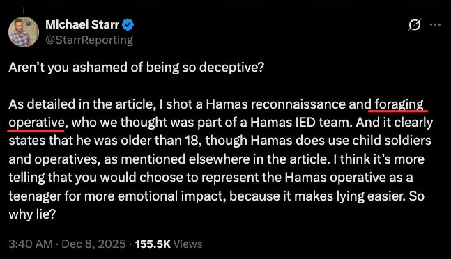 receipts_lol's tweet photo. Starr murdered a starving teenager, unarmed and in civilian clothing.

The IDF searched the victim's body. They found only a bag with tiny bits of food.

That didn't stop the racist Starr.

"foraging operative"

Starr now works as a journalist in Canada. https://t.co/wZOXjc2Bvl