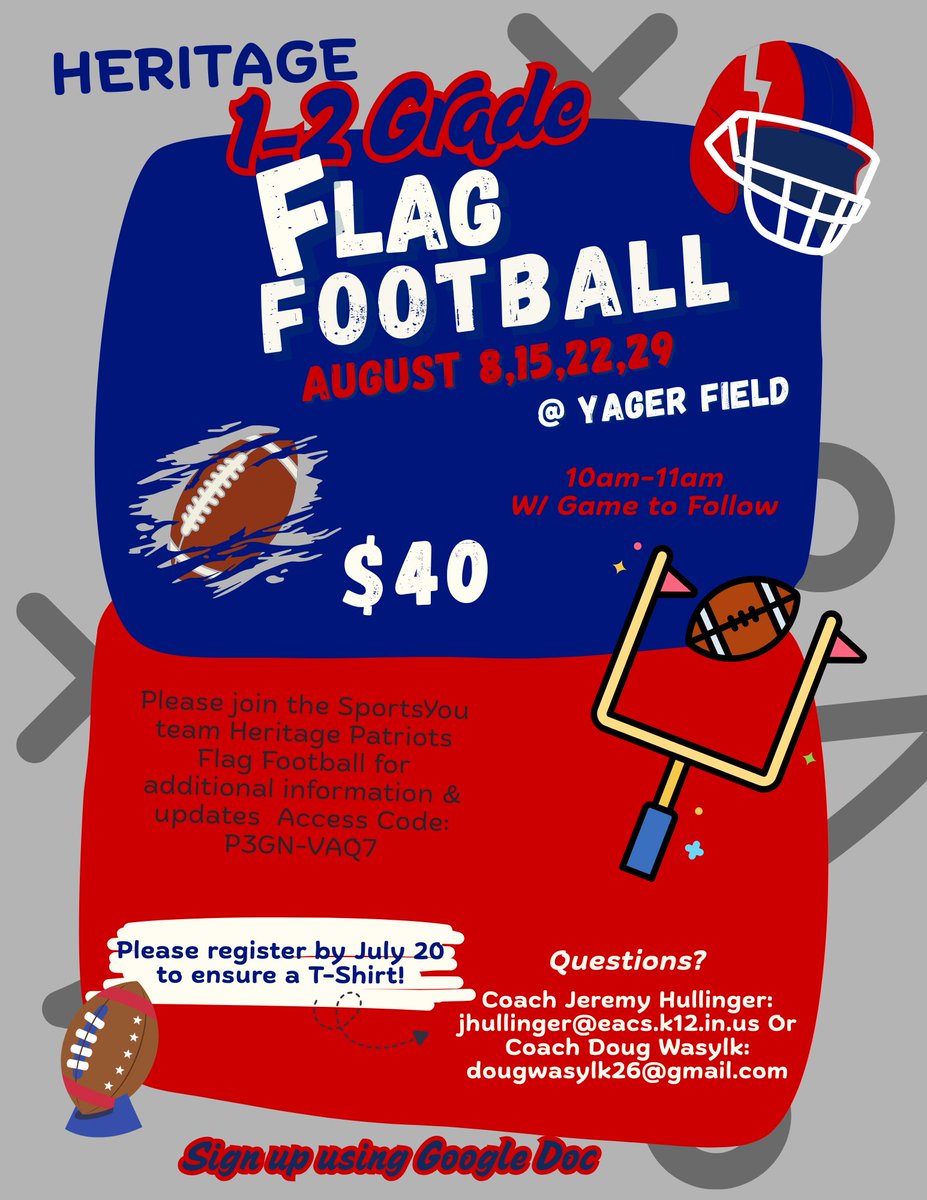 hhspatriotsfb's tweet photo. Heritage Football is very excited to have our fall flag football program starting up in August. Players need to be signed up by July 22nd to make sure their shirts arrive by the first game. https://t.co/9EMADmt8X5