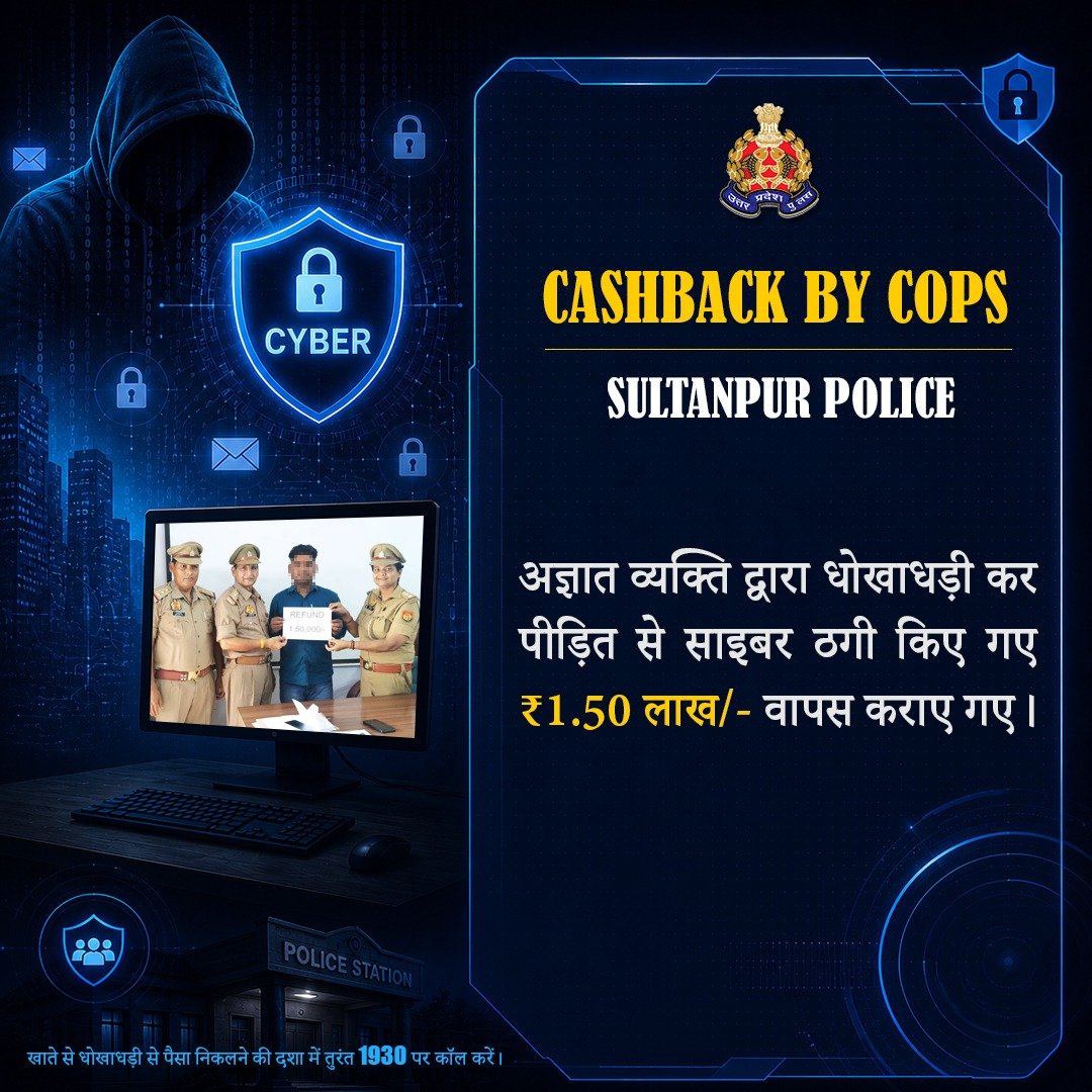 Uppolice's tweet photo. अज्ञात व्यक्ति द्वारा साइबर धोखाधड़ी कर पीड़ित से ऑनलाइन ठगी किए गए ₹01 लाख 50 हजार/- @sultanpurpolice द्वारा पीड़ित को वापस कराए गए।

खाते से धोखाधड़ी से पैसा निकलने की दशा में तुरंत 1930 पर कॉल करें या https://t.co/W7HzGMfw1t पर शिकायत दर्ज करें।

#UPPCracksCyberCrime 
#UPAgainstCyberCrime 
#CyberSafeUP