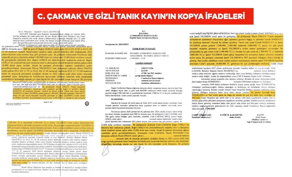 kayhanayhann's tweet photo. CELAL ÇAKMAK VE GİZLİ TANIK KAYIN'IN İFADELERİ BİREBİR AYNI

Murat Ongun:
 
Celal Çakmak ifadesinden: "Buğra Gökce'nin yönlendirmesiyle otoparka inen ve danışmanı olarak kendisini tanıtan şahsa elden 10.000 dolar verdim." Gizli tanık "Kayın": "Buğra Gökce'nin yönlendirmesiyle otoparka inen ve danışmanı olarak kendisini tanıtan şahsa elden 10.000 dolar para vermiş. Bu görüşmeden 3 gün sonra 2.400.000 lirayı, bundan 1 gün sonra da 2.400.000 lirayı, toplamda 4.800.000 lirayı Şamil Yıldırım isimli şahsa Saraçhane'nin avlusunun hemen altındaki otoparkta teslim ettirdim" diyor Celal Çakmak. Aynı cümle, "etmiş" olarak gizli tanık "Kayın"a yazılıyor efendim. "Bu görüşmede Murat Ongun, 'O otoparkın sözleşmesini uzatmasını istiyorsanız eğer yapmanız gereken proje ve işlemleri Emrah Bağdatlı ile tarafınıza ileteceğim' diyerek bu ofisten ayrılmış" diyor gizli tanık "Kayın". Celal Çakmak da "Ayrıldım" diyor. Şimdi uzatmama gerek yok değerli Başkanım. Celal Çakmak, fezlekede gizli tanık "Kayın". Bakın, bu Celal Çakmak fezlekede müşteki ve sanık, ama aynı zamanda gizli tanık "Kayın". Bu endemik bir konu değil mi yani? Bir kişi müşteki, sanık, gizli tanık. Bu yapıldı bize ya, bize bunlar yapıldı. #İBBDavası