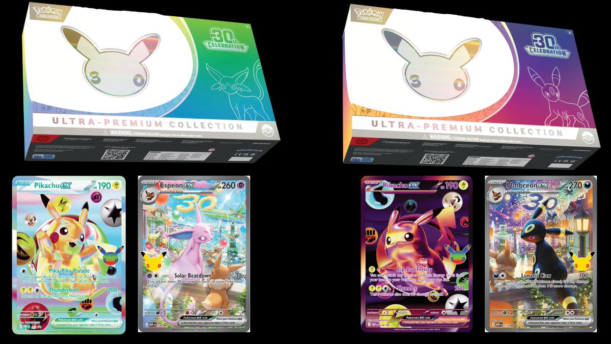 PokeHEX5555's tweet photo. 30th Anniversary UPCs have been revealed!

2 Different versions?!? INSANE

Safe to say where those crazy awesome Umbreon &amp; Espeon Promos are going now. 

The only question is, do those light and dark Pikachu's join them? Will they be Metal cards? https://t.co/LjEbDRBoeP