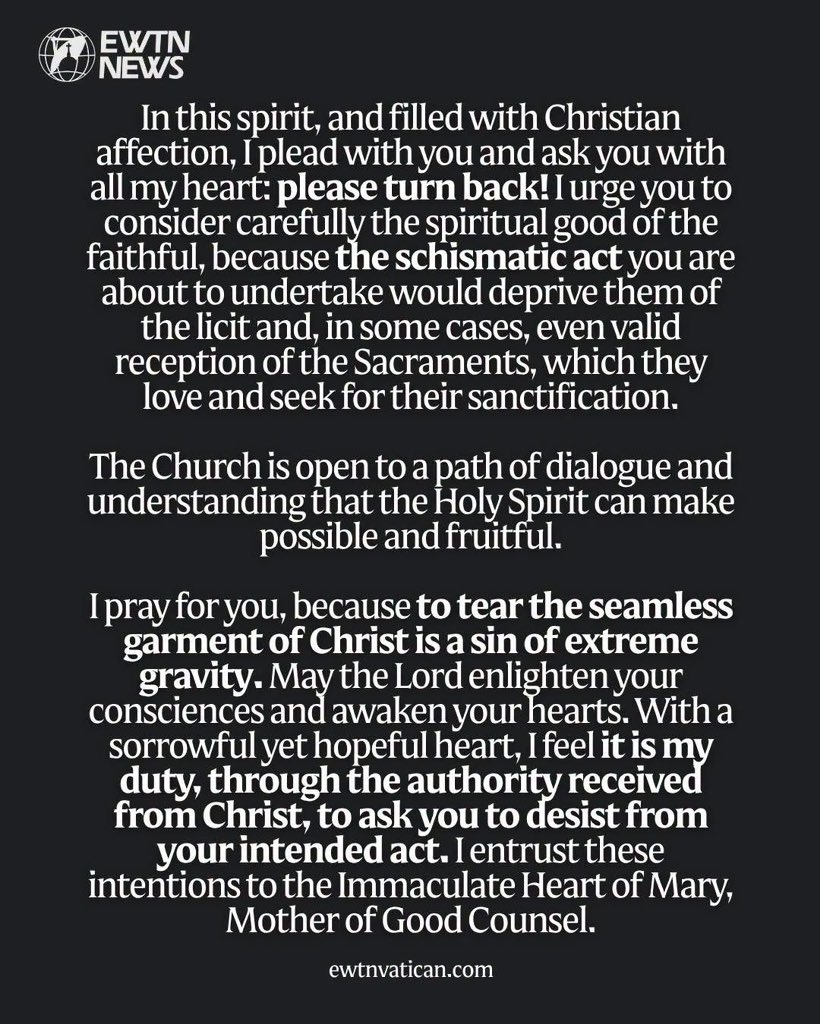 AMDG's tweet photo. I’ve always believed that the answer to confusion in the Church is never to leave the Church.

That doesn’t mean we ignore wounds, liturgical abuses, poor leadership, or legitimate disagreements. The Church has endured all of those before, and she will again. But Christ did not promise us perfect shepherds. He promised that the gates of hell would not prevail against His Church.

I am grateful for Pope Leo XIV’s letter today. It is not a political statement. It is the plea of a spiritual father who recognizes the sincere love for Tradition found among many in the SSPX while also reminding us that unity is not optional. Tradition and communion were never meant to be separated.

His words struck me deeply: “To tear the seamless garment of Christ is a sin of extreme gravity.”

For those who love reverent liturgy—particularly the Traditional Latin Mass—this should be a moment of examination rather than entrenchment. Fidelity to Tradition has always included fidelity to Peter. Throughout history, the saints reformed the Church from within. They suffered. They prayed. They remained.

The answer has never been separation. It has always been sanctity.

May we pray for Pope Leo XIV. May we pray for the bishops, priests, and faithful of the SSPX. And may we pray that every Catholic, regardless of liturgical preference, grows in both truth and communion.

“That they may all be one.” (John 17:21) ✝️🙏