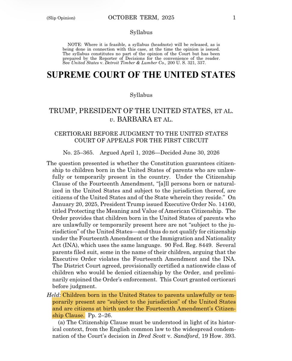 Natroll__'s tweet photo. 🇺🇸🏛️🚨 LA COUR SUPRÊME AFFIRME QUE LES ENFANTS NÉS AUX ÉTATS-UNIS SONT CITOYENS AMÉRICAINS !

(Dissidences de Thomas, Gorsuch, Alito et partiellement Kavanaugh !) https://t.co/LhjH61PRlO