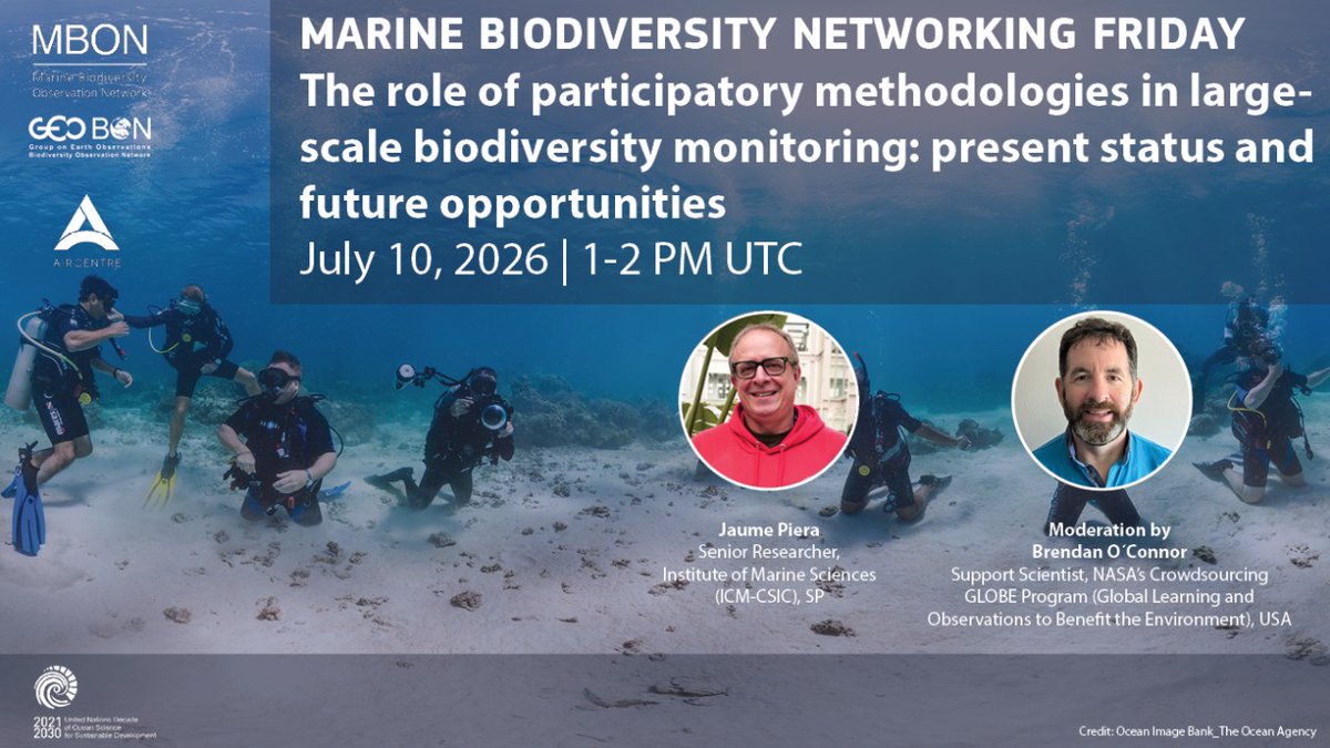 MarineBON1's tweet photo. 📣 Friday, July 10, 1 UTC
 📍 The Marine Biodiversity Networking Fridays will host a special session focusing on participatory methodologies in large-scale biodiversity monitoring.
 🗣 @jaume_piera, Mod: Brendan O'Connor
 📌 More info and registration 👇
 https://t.co/430755jVow https://t.co/jRh4pr7467