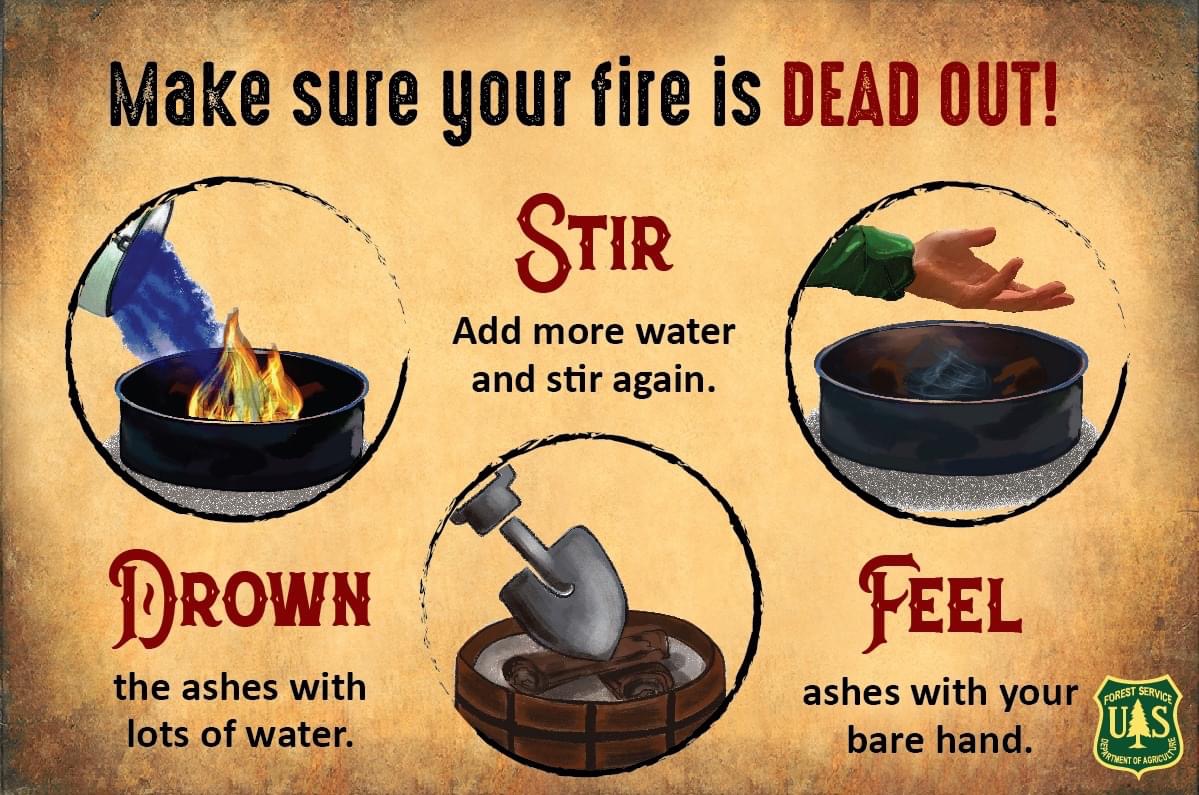 salmonchallisnf's tweet photo. Prevent wildfires by keeping campfires small and fully extinguishing them before you leave.
Remember to:
💦 Drown the fire with water
🪏Stir the ashes
🫱Feel for heat
If it is too hot to touch, it is too hot to leave! https://t.co/QBB37tYYxK
