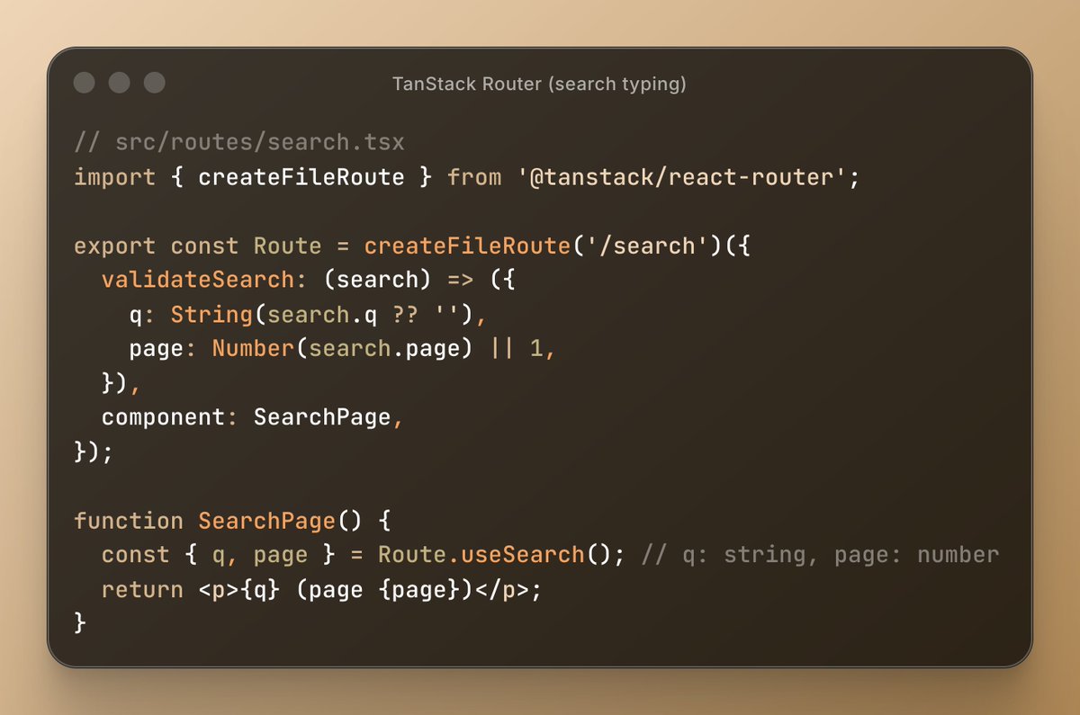 dai_shi's tweet photo. Waku now supports search params typing (opt-in), like TanStack Router has done before.
Both give you typed search, but their coding styles are different, as the requirement is different.
Waku: a typed prop from a codec you provide. TanStack: validateSearch + useSearch. https://t.co/awD3QC8RcM