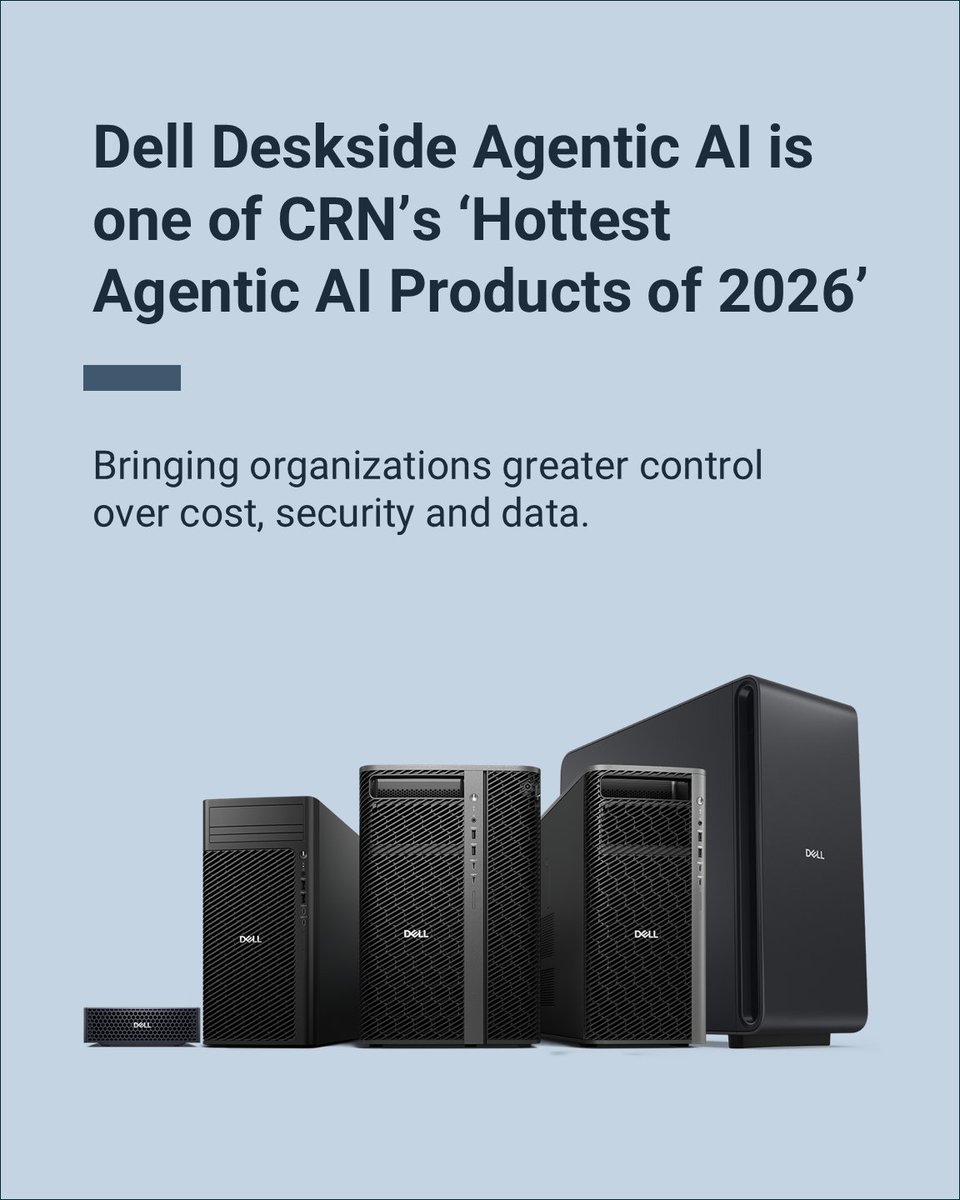 Dell's tweet photo. 🎉 Dell Deskside Agentic AI has been recognized by @CRN as one of the hottest Agentic AI products of 2026.

Organizations are looking for practical ways to scale agentic AI with greater control over cost, security and data - exactly what Dell Deskside Agentic AI is built to deliver. https://t.co/ofXadiRMGw