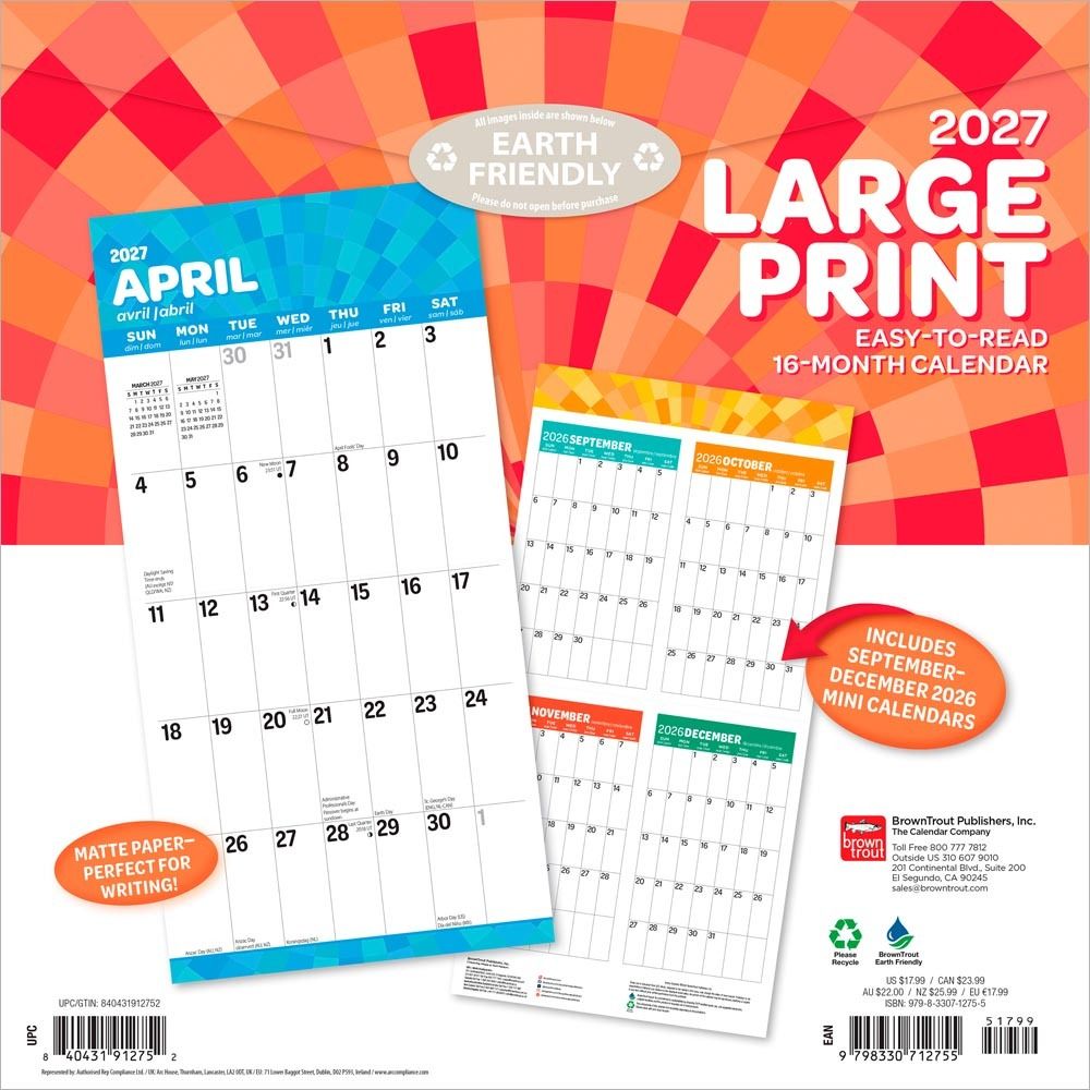 browntroutpub's tweet photo. This #LargePrint #calendar features a pleasing color design to complement your style. Large boxes offer plenty of space to write in appointments and special dates. Printed on #mattepaper stock makes it perfect for writing. This calendar is ideal for those with low vision. https://t.co/lqGIQa0BKC