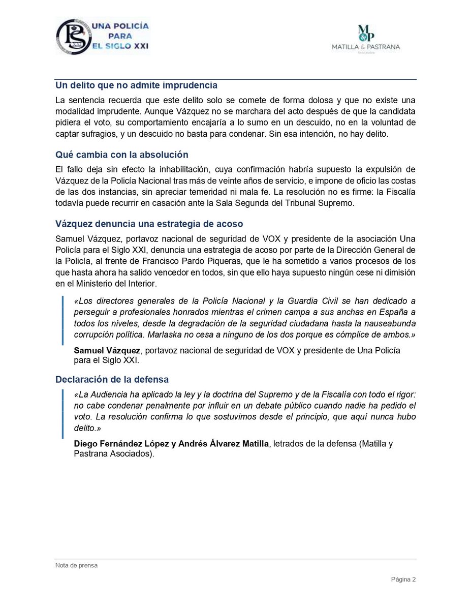 PoliciaSXXI's tweet photo. 🚨 ABSOLUCIÓN. La Audiencia Provincial de Madrid tumba la cacicada. Se confirma lo que se sostuvo desde el primer día: nunca hubo delito, solo una burda persecución política.

Marlaska y sus comisarios políticos en la Dirección General de la Policía se dedican a acosar a profesionales honrados mientras el crimen campa a sus anchas y la corrupción los pudre por dentro. Confundieron a propósito una charla técnica sobre seguridad con un mitin electoral. Buscaban con ello la expulsión de Samuel Vázquez @guidoprincesa de la Policía Nacional tras más de 20 años de servicio, pero la verdad y la ley se han impuesto.  

No nos van a callar. Seguimos con más fuerza. 🇪🇸

💯 Reconocimiento especial a los letrados Diego Fernández y Andrés Álvarez, de Matilla & Pastrana, por una defensa impecable.
