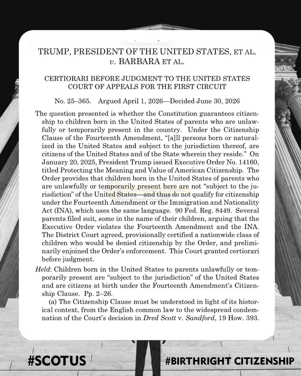 AttorneyGriggs's tweet photo. BREAKING: Supreme Court rejects Trump effort to limit birthright citizenship

#SCOTUS #BirthrightCitizenship https://t.co/8jqCrRmKr0