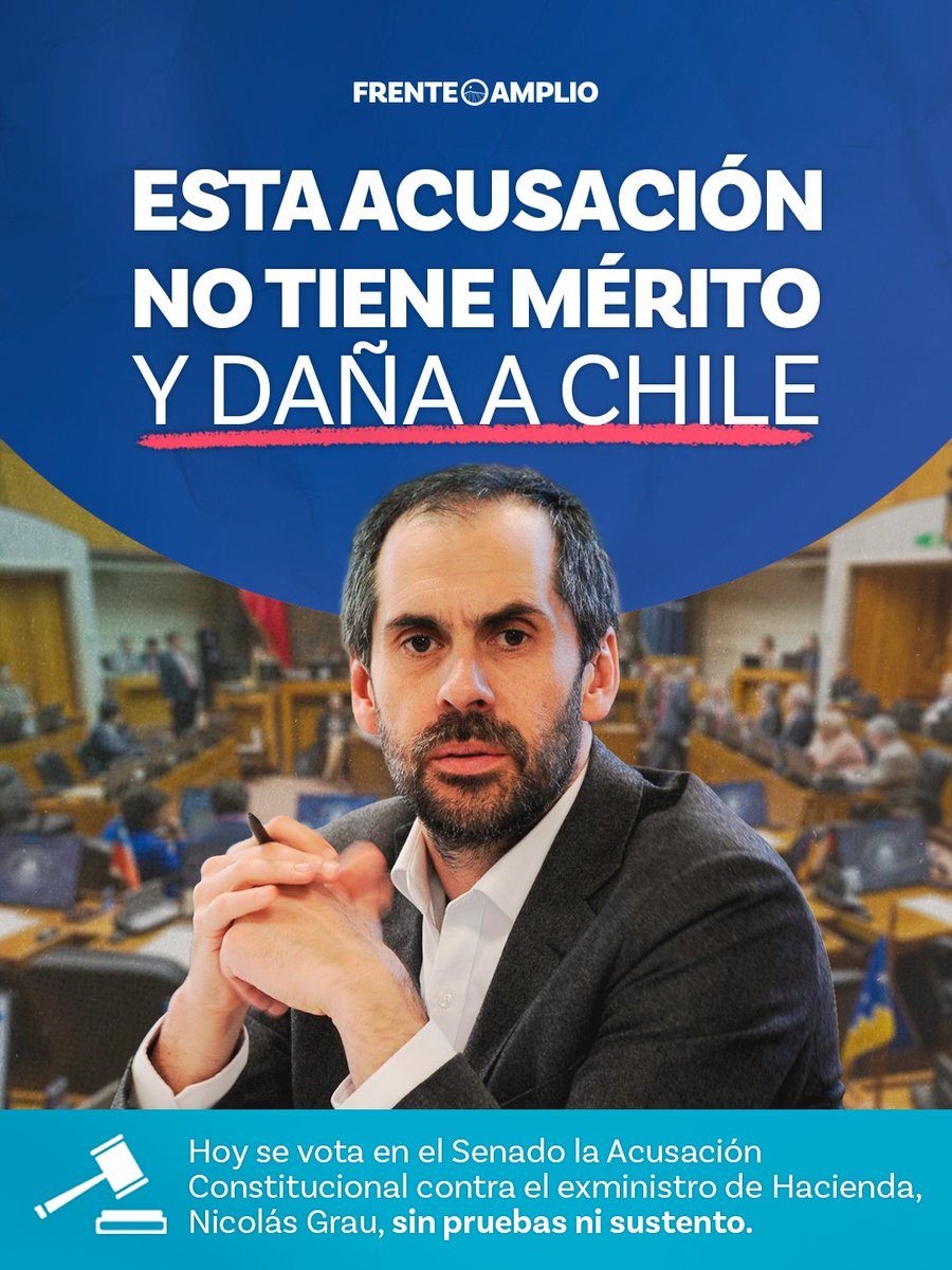 elfrente_amplio's tweet photo. ⭕ Hoy los senadores y senadoras votan la AC contra el exministro de Hacienda, Nicolás Grau, una acusación que no tiene fundamentos técnicos, se ha basado en engaños y ha sido rechazada por especialistas representantes de todos los sectores. https://t.co/tElszyddtp