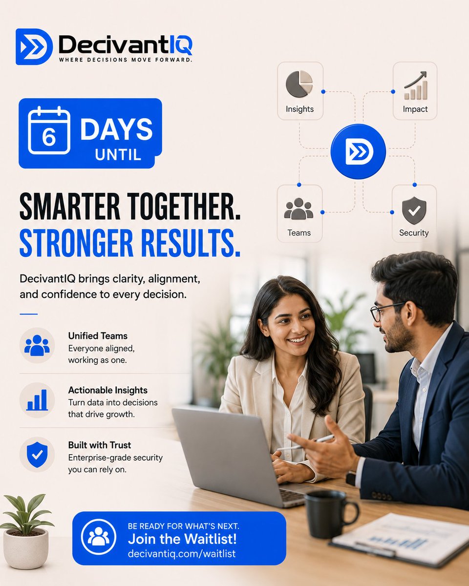 DecivantIQ's tweet photo. 6 days to go.
Great decisions happen when teams move together. DecivantIQ brings people, insights, and intelligence into one powerful platform helping you make every decision with confidence. Join the waitlist today.
#DecisionIntelligence #BusinessCollaboration #AIForBusiness #DigitalTransformation
